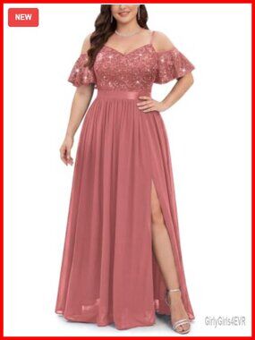 Plus Size Sequin Lace Off Shoulder Chiffon Maxi Formal Dress with Slit